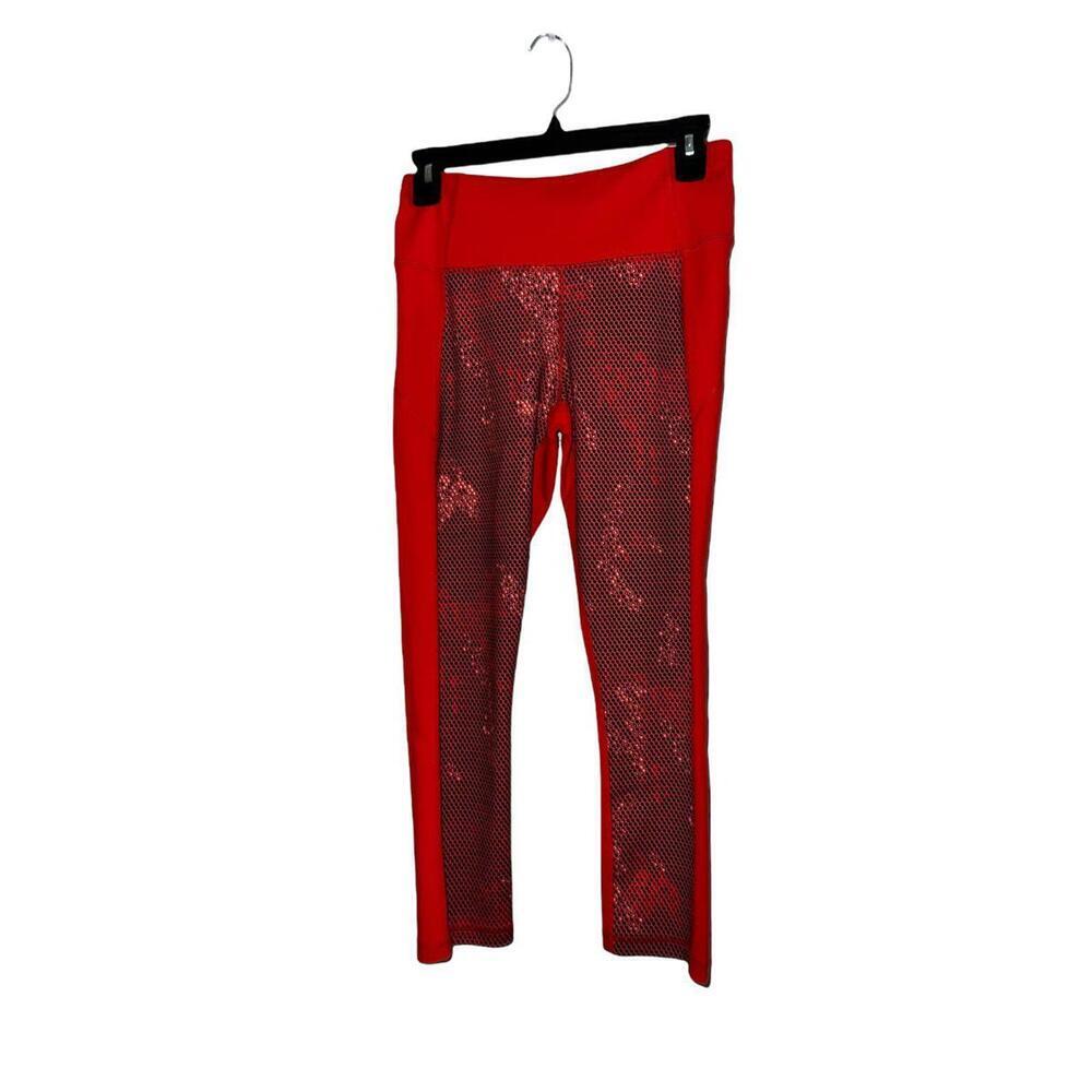 Under Armour Womens Red HeatGear Crop Leggings Metallic Mesh Panel Size Medium